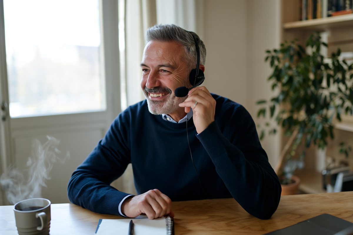 Telefonist met headset in gesprek vanuit zijn thuiskantoor